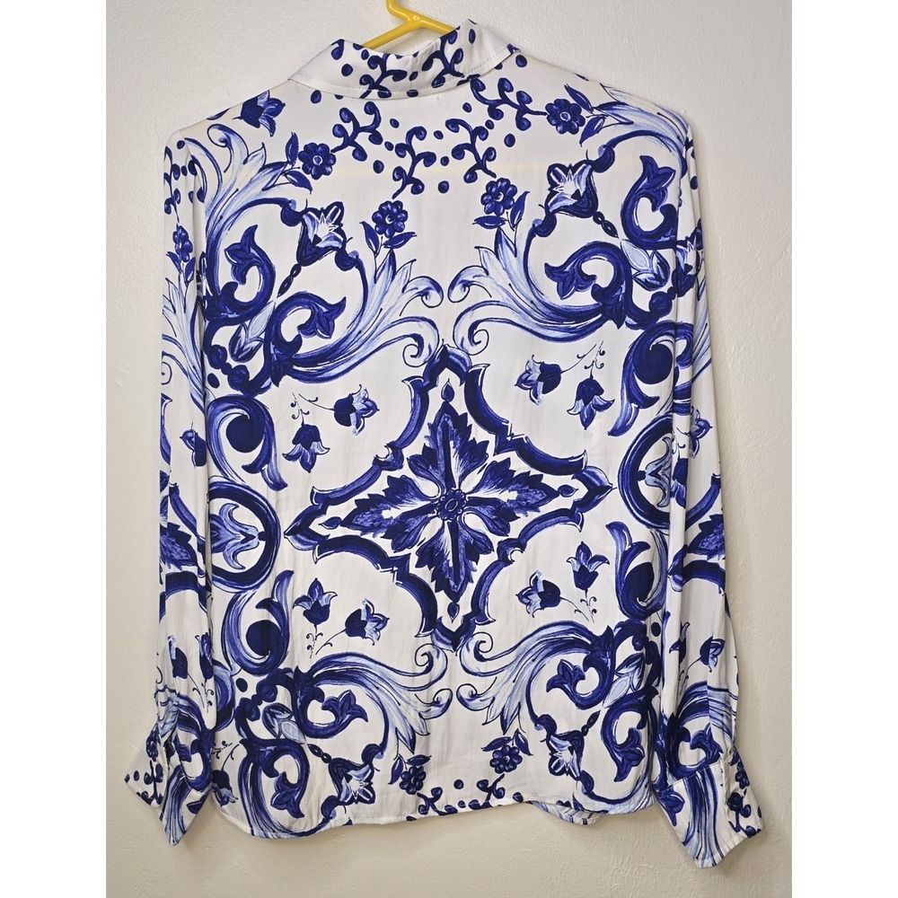 RACHEL ZOE Blue White Baroque Porcelain Print Blouse Long Sleeve Medium -3107 - Picture 3 of 8